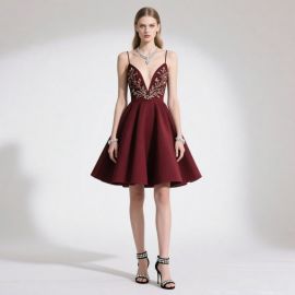 Elegant Burgundy Spaghetti Strap Short Dress with Embroidered Bodice - Chic Evening Gown