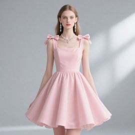 Pink Bow - Strap Square Neck Short Dress | Elegant A - Line Skater Dress for Women