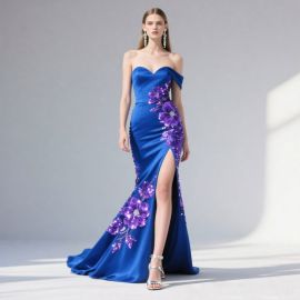 Royal Blue Off-Shoulder Mermaid Gown with Purple Floral Sequins - Evening Dress for Prom/Wedding