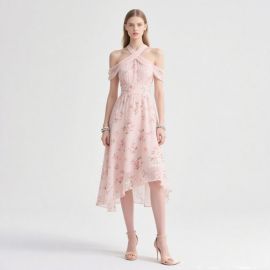 Elegant Pink Floral Off - Shoulder Cross - Neck Asymmetrical Midi Dress