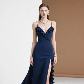Elegant Navy Blue Ruffled Spaghetti Strap Evening Dress with High Slit