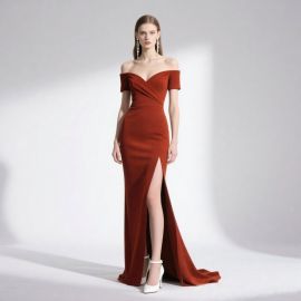 Elegant Red Off - Shoulder Gown with High Slit | Women's Formal Evening Dress