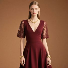 Elegant Burgundy V-Neck Lace-Sleeve A-Line Dress