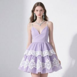 Lavender Spaghetti Strap Mini Dress with White Floral Lace - Chic Summer Party Dress