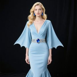 Light Blue Mermaid Dress: Deep V Neck, Batwing Sleeves, Gemstone Belt Evening Gown