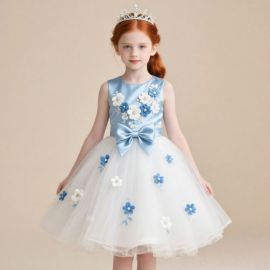 Charming Girls' Light Blue Sleeveless Dress with Floral Appliques & Big Bow Tulle Skirt