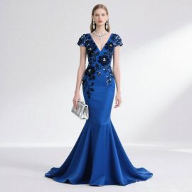 Royal Blue Mermaid Evening Gown: Deep V-Neck, Floral Embroidery & Sequined Cap Sleeves