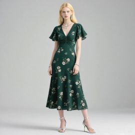 Emerald Green Floral Print Midi Dress - V-Neck Ruffled Sleeves Elegant Women's Summer Fashion