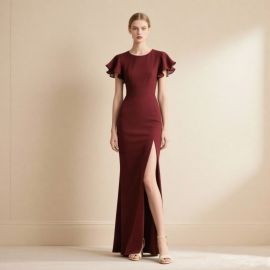 Elegant Burgundy Maxi Dress: Ruffled Sleeves & High Slit Design for Formal Occasions