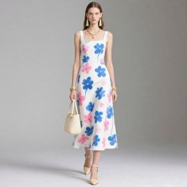 Sleeveless Midi Dress with Blue & Pink Floral Print - Elegant Summer Style