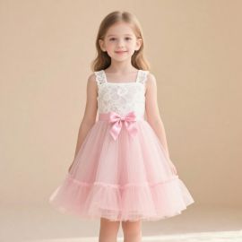 Kids Girls Pink Lace Tulle Dress with Bowknot - Party Wedding Princess Gown
