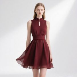 Elegant Burgundy Sleeveless Dress: High Neck & Cinched Waist Design