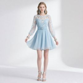 Light Blue Lace Long-Sleeve Dress with Flared Skirt & Belt - Elegant Party Fashion