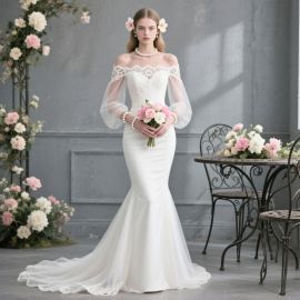 Elegant Off - Shoulder Lace Mermaid Wedding Dress with Long Sleeves