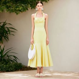 Pale Yellow Halter Neck Ruched Midi Mermaid Dress - Summer Elegant Style