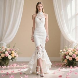 Elegant White Lace Halter Neck Mermaid Wedding Gown with High Slit & Open Back Design
