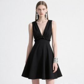 Elegant Black Sleeveless Deep V-Neck Ruffled Waist A-Line Dress for Women