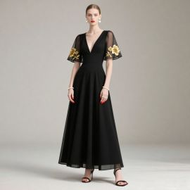 Elegant Black Evening Gown: Deep V-Neck & Sheer Sleeves with Golden Floral Embroidery
