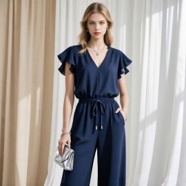 Navy Blue Ruffled Sleeve V-Neck Cinched Waist Jumpsuit