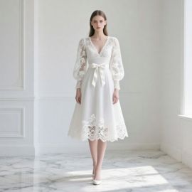 Elegant White Lace Midi Dress: V-Neck Long Sleeves & Bow Belt - Vintage Charm