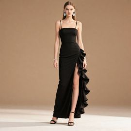Elegant Black Spaghetti Strap Gown with Ruffled Side & High Slit for Formal Events