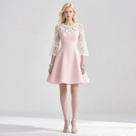 Elegant Pink Lace Dress: Round Neck, Three - Quarter Sleeves, Perfect for Parties