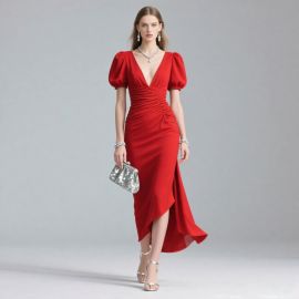 Elegant Red Deep V-Neck Puff Sleeve Ruched Waist Asymmetric Evening Dress