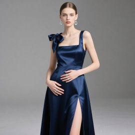 Elegant Navy Blue Satin Gown with Bow Detail & High Slit - Chic Evening Dress