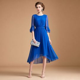 Royal Blue Chiffon Dress: Flounce Sleeves & Asymmetric Hem - Elegant Evening Gown
