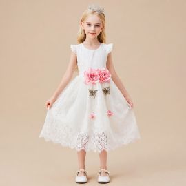 Kids White Lace Dress with Pink Flowers & Butterflies - Princess Party Wedding Gown