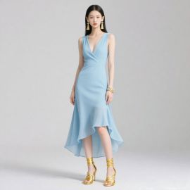 Elegant Light Blue Asymmetric Hem V - Neck Sleeveless Midi Dress