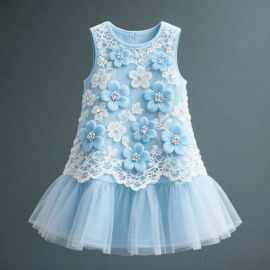 Light Blue Sleeveless Girls Dress with 3D Flower Appliques & White Lace Tulle Skirt