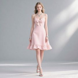Chic Pink Spaghetti Strap Dress with Bowknot & Ruffled Hem - Elegant Summer Party Wear
