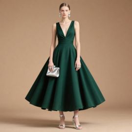 Elegant Deep Green V - Neck Sleeveless Midi Ball Gown Dress