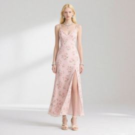 Elegant Pink Floral Print Spaghetti Strap Maxi Dress with High Slit - Summer Chic Women's Fashion