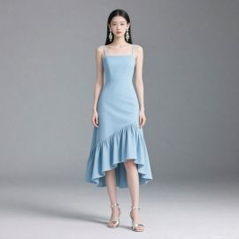 Light Blue Spaghetti Strap Asymmetrical Ruffle Midi Dress - Elegant Summer Style