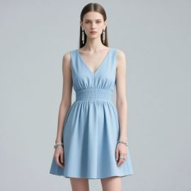 Light Blue Sleeveless V-Neck Cinched Waist A-Line Dress - Elegant Summer Style