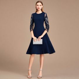 Navy Blue Elegant Dress: Lace Sequin Sleeves & Pleated Skirt for Formal Occasions