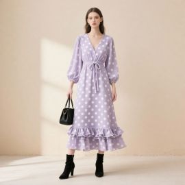 Women's Purple Polka Dot Midi Dress - V-Neck Puffy Sleeves Ruffled Hem Waist Tie