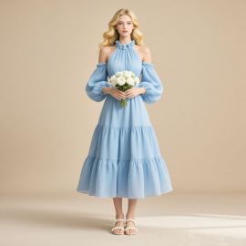 Light Blue Off - Shoulder Long Sleeve Tiered Midi Dress | Summer Bohemian Style