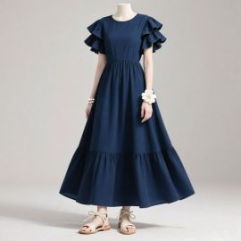 Elegant Navy Blue Maxi Dress with Ruffled Sleeves and Tiered Skirt