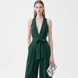 Elegant Emerald Green Jumpsuit: Deep V Neck & Tie Waist Wide Leg Design