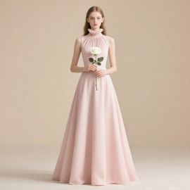 Elegant Blush Pink High Neck Ruffle Long Dress | Flowy Evening Gown