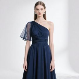 Elegant Navy Blue One - Shoulder Chiffon Gown with Cinched Waist