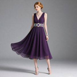 Elegant Purple Sleeveless V-Neck Midi Dress with Embellished Waist - Wedding/Event Ready