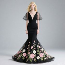 Elegant Black Mermaid Gown: Deep V Neck, Sheer Flutter Sleeves & Floral Embroidery