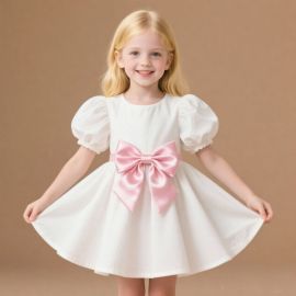 Kids White Dress with Puffy Sleeves & Pink Bow - Elegant Party Wear for Girls