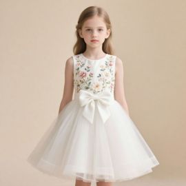 Girls' White Floral Embroidered Dress with Big Bow & Tulle Skirt for Party Wedding