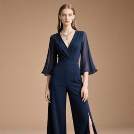 Elegant Navy Blue Jumpsuit: V - Neck, Flare Sleeves & High Slit Design