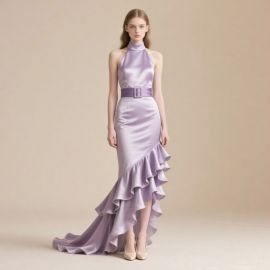 Lavender Satin Halter High - Low Ruffled Evening Gown with Belt